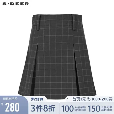 sdeer圣迪奥女22夏季新品学院风撞色格纹压褶A字jk短裙S22261306图片
