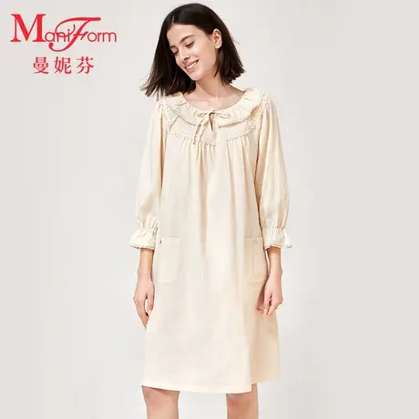 曼妮芬荷叶领泡泡七分袖裙装纯棉家居服女士春秋舒适睡裙20310705商品大图