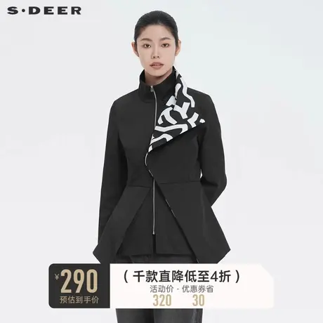 sdeer圣迪奥女装春秋装个性立领撞色胶印不规则风衣S21381706图片