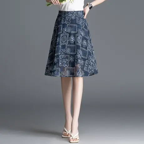 蓝色复古印花短裙半身裙女夏季薄2025新款高腰显瘦a字裙气质中裙图片