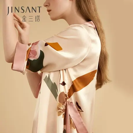 金三塔100%桑蚕丝晨袍 真丝睡衣女蔷薇印花睡袍婚庆家居服新品图片