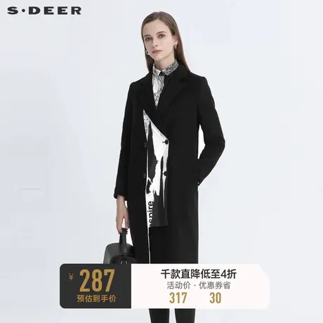 sdeer圣迪奥冬季西装领双排扣印花中长款毛呢大衣女S20481858图片