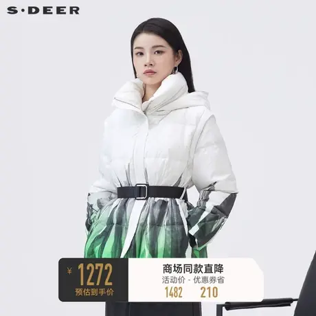 sdeer圣迪奥女装高领连帽撞色印花收腰羽绒服S23483105商品大图