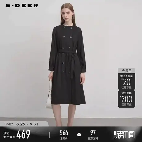 sdeer圣迪奥2025秋装时尚圆领双排扣收腰长款风衣S243Z1801图片