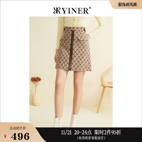 YINER音儿女装秋季小众设计a字裙网格高腰显瘦半身裙图片