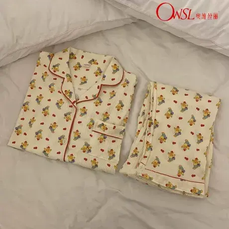 ins日系小熊睡衣女春秋季长袖棉可爱奶油风学生家居服图片