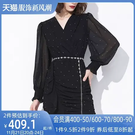 AUI黑色御姐气质v领褶皱连衣裙女2023秋新款设计感小众修身包臀裙图片