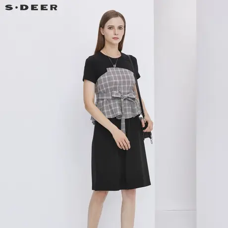 sdeer圣迪奥2021夏休闲圆领撞色格纹收腰短袖连衣裙S21261278图片