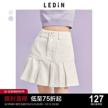 乐町基础甜美牛仔裙休闲春夏新款百褶半身裙纯欲短款白色紫色图片