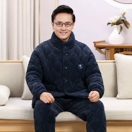 婷美中老年睡衣男士新款秋冬外穿三层夹棉保暖加绒加厚家居服套装商品大图