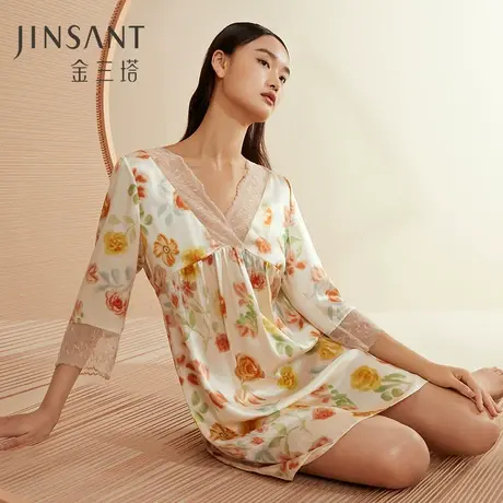 金三塔100%桑蚕丝舒适睡衣女士真丝印花拼刺绣蕾丝睡裙家居服新品图片