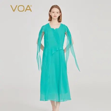 VOA光蓝双层乔其纯桑蚕丝方领飞飞袖原创设计简约优雅真丝连衣裙图片