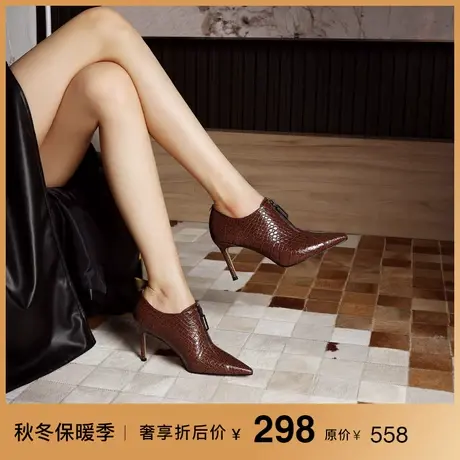 熙漫2023秋冬新款尖头系带气质深口及踝单靴女欧美黑色细高跟短靴图片