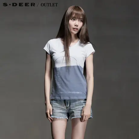 s.deer【新品】圣迪奥专柜正品落日余晖图案印染修身T恤S15280110商品大图