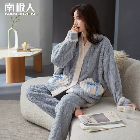 南极人睡衣女冬季加厚加绒珊瑚绒2023新款法兰绒可外出家居服套装图片
