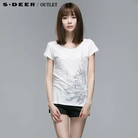 sdeer圣迪奥夏装女装疏淡树枝棉短袖T恤上衣3280195图片