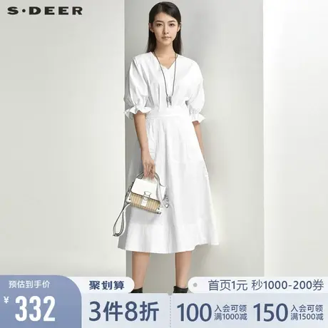 sdeer圣迪奥2021夏装休闲V领抽褶拼接不规则连衣裙S21261249图片
