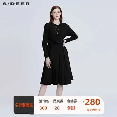 sdeer圣迪奥女装圆领抽褶收腰拼接不规则黑色连衣裙S22161216图片