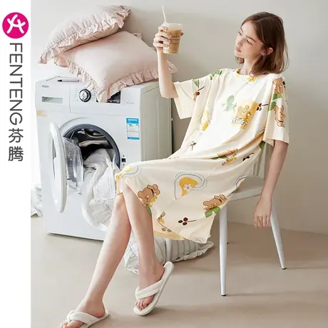 芬腾睡裙女纯棉短袖夏季薄款睡衣裙中裙少女甜美风休闲全棉家居服图片