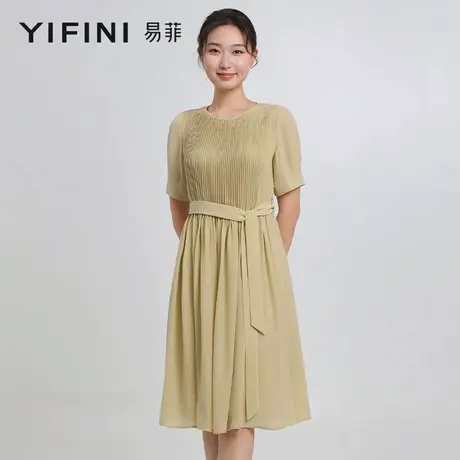 [专柜同款]Yifini/易菲法式压褶圆领气质系带收腰连衣裙女夏季图片