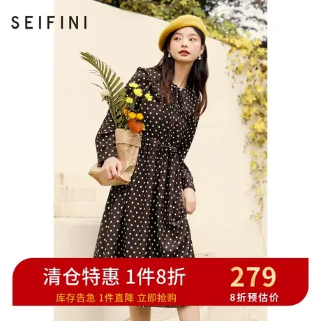 诗凡黎连衣裙秋冬新款长袖复古时尚波点收腰休闲裙子女7CC294101图片