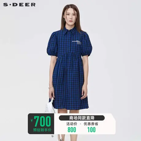 sdeer圣迪奥夏装短裙小众字母蓝色格纹拼接衬衫连衣裙女S22281224图片