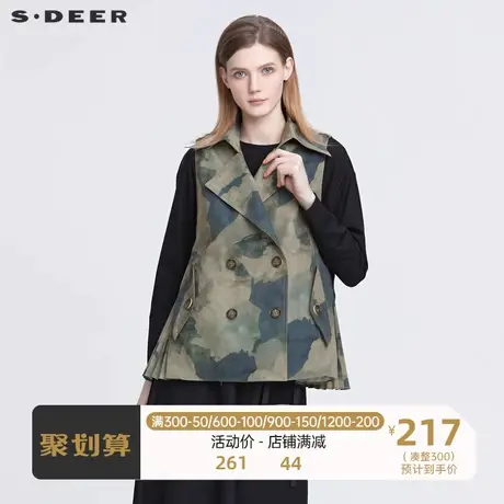 sdeer圣迪奥女装个性翻领双排扣抽褶无袖马甲S22181601图片