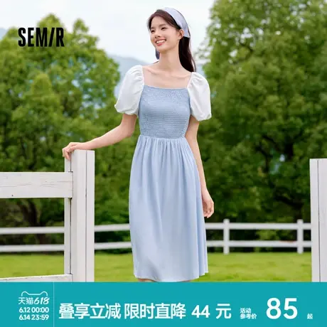 森马连衣裙女撞色泡泡袖甜美优雅气质秋季赫本风紧身短裙法式复古图片