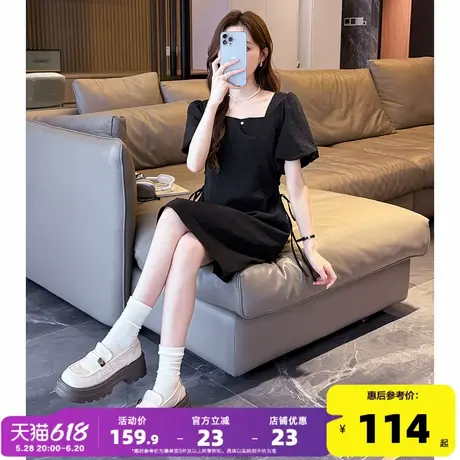 唐狮夏季黑色连衣裙女2025新款露腰设计感泡泡袖连衣裙夏季女装h1图片