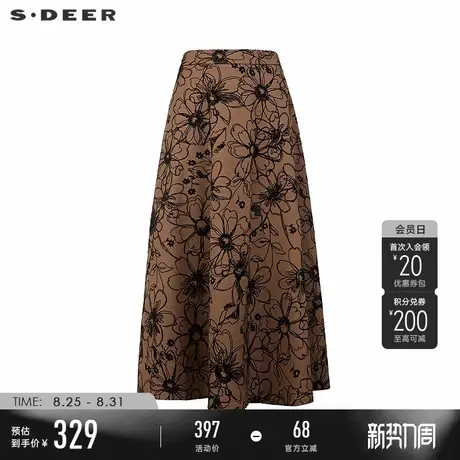 sdeer圣迪奥女装25年新品复古高腰绣花不规则A字伞裙S253Z1107图片