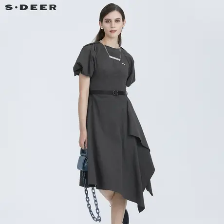 sdeer圣迪奥收腰字母印花不规则泡泡袖气质连衣裙女夏S21261208图片