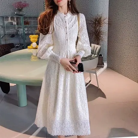 粉红大布娃娃2022春季气质淑女中长款蕾丝连衣裙甜美收腰显瘦裙子图片