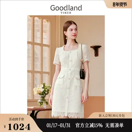 【山茶花系列】Goodland美地女装2023夏季方领蕾丝风连衣裙图片