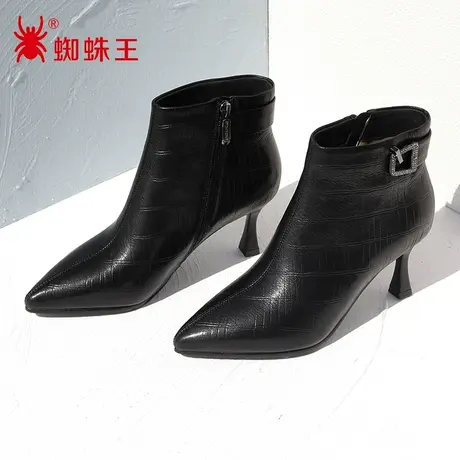 蜘蛛王断码清仓正品裸靴羊皮2022冬商场新款时装靴细高跟加绒格子商品大图
