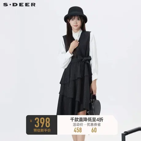 sdeer圣迪奥女装V领收腰荷叶边不规则无袖连衣裙S234Z1252图片