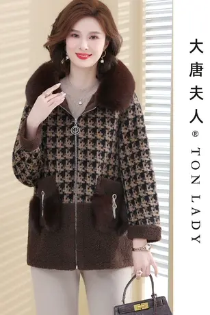 妈妈秋冬千鸟格子外套连帽毛领中老年女款初冬摇粒绒拼接格尼上衣商品大图