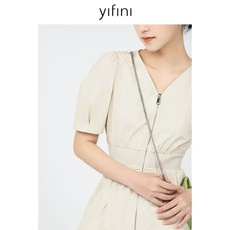 Yifini/易菲收腰显瘦气质V领短袖纯棉连衣裙女2023初秋新款茶歇裙图片