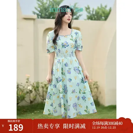 茵曼设计感撞色绣花方领碎花裙2023夏女装新款打揽高腰短袖连衣裙图片