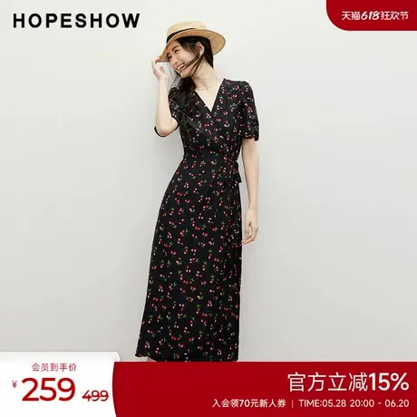 红袖2025夏季新款女装【复古樱桃】收腰围裹式V领套头连衣裙图片