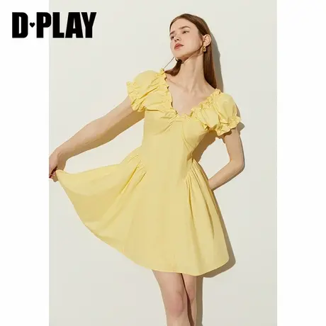 DPLAY年夏气质黄色短袖收腰连衣裙女海边度假沙滩裙短裙裙子图片