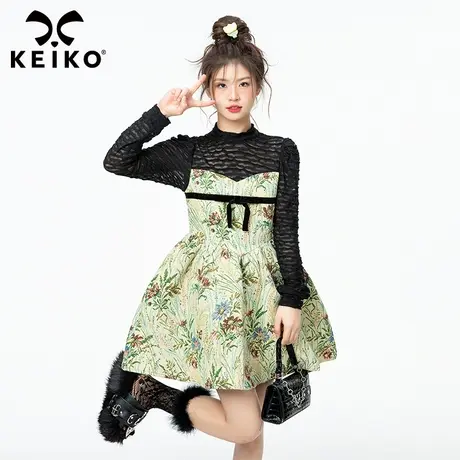 微透心机碎花提花连衣裙女2023年秋季新款设计感小众法式a字裙子图片