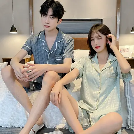 睡衣女夏天男款冰丝2023年新情侣装一男一女夏季家居服套装可外穿图片