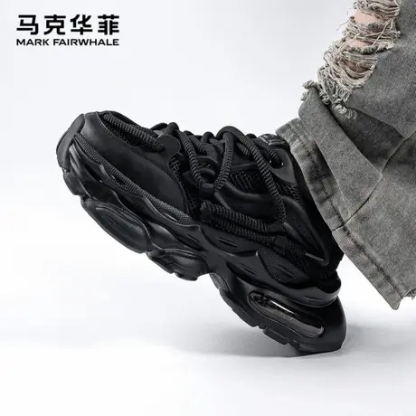 马克华菲官方旗舰店纯黑男鞋夏季大码厚底内增高轮胎黑武士老爹鞋图片