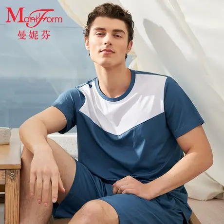 曼妮芬男士夏季圆领短袖短裤套装舒适家居服起居服青年睡衣睡裤图片