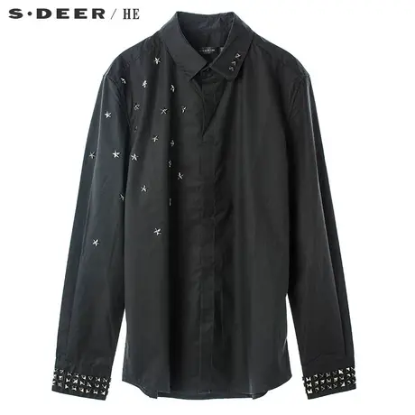 sdeerhe圣迪奥酷黑前卫金属几何图案装饰暗门襟翻领衬衫H15470507图片