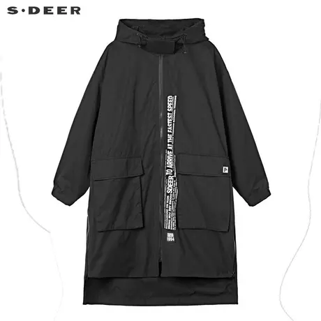 sdeer圣迪奥女装休闲撞色字母夸张贴袋开衩下摆连帽风衣S19381817图片