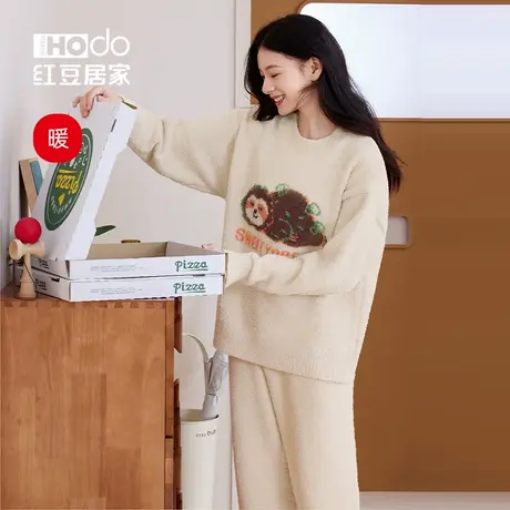 红豆半边绒睡衣女套头可外穿加厚秋冬珊瑚绒抗静电家居服可外穿图片