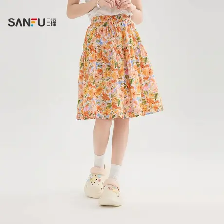 三福长裙2025夏季绑带松紧腰满版花朵A字裙子女装503858图片
