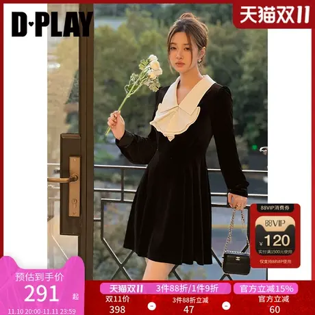 DPLAY2023冬赫本风黑色翻领撞色荷叶边垂感丝绒连衣裙图片