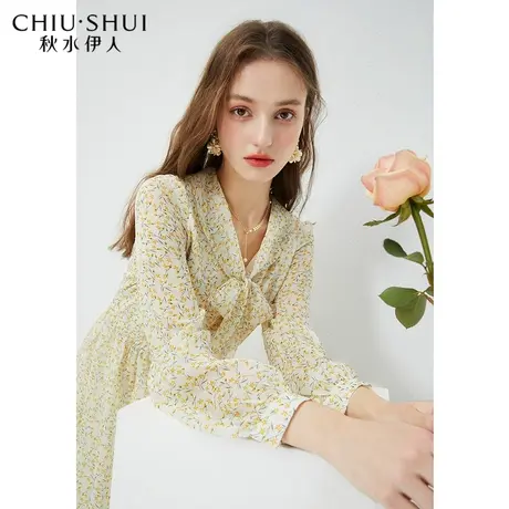 秋水伊人系带连衣裙2021年春装新款女装温柔气质碎花修身中长裙女图片